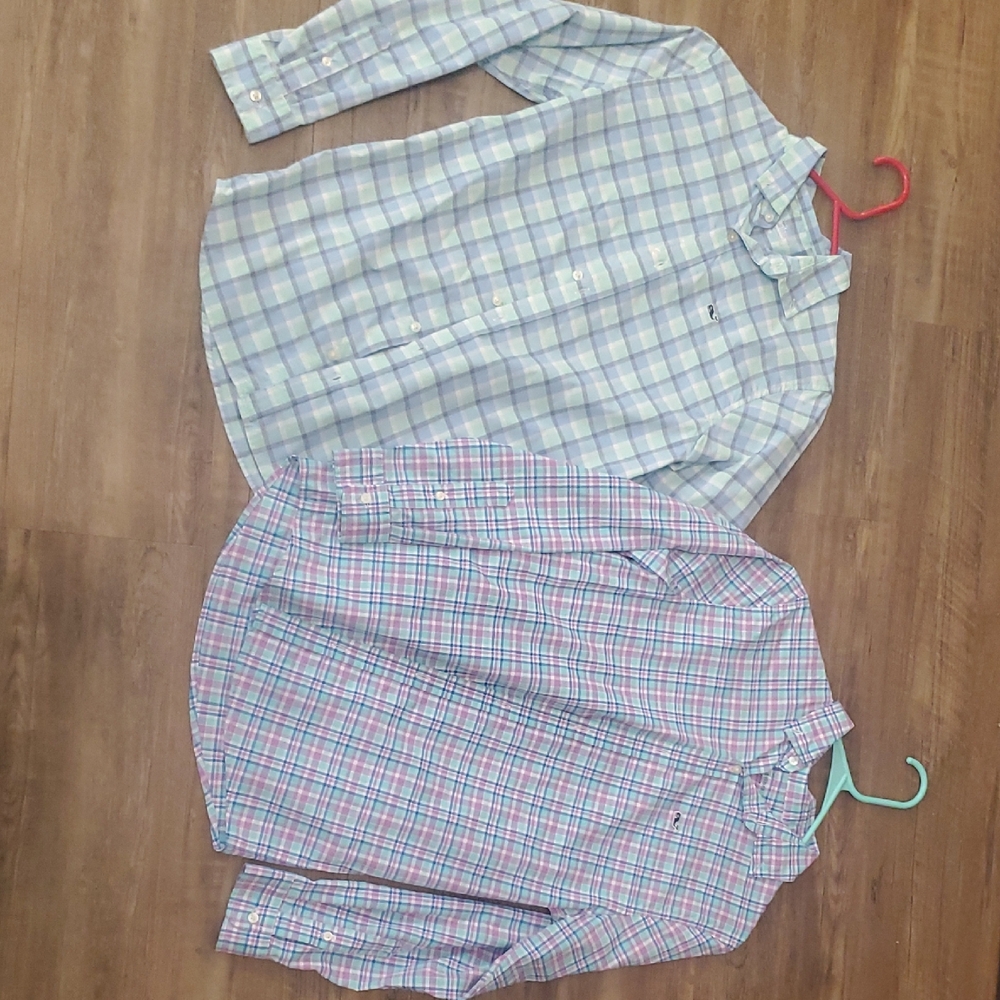 Two Plaid Button-Up Shirts in Blue and Pink